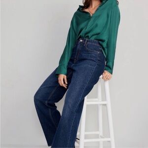 Old Navy Dark Green Satin Button Down Top